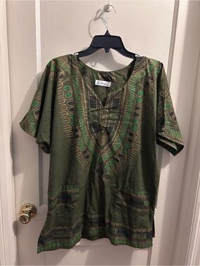 Lapogee‎ Made in India 100% cotton tunic top green and gold medium